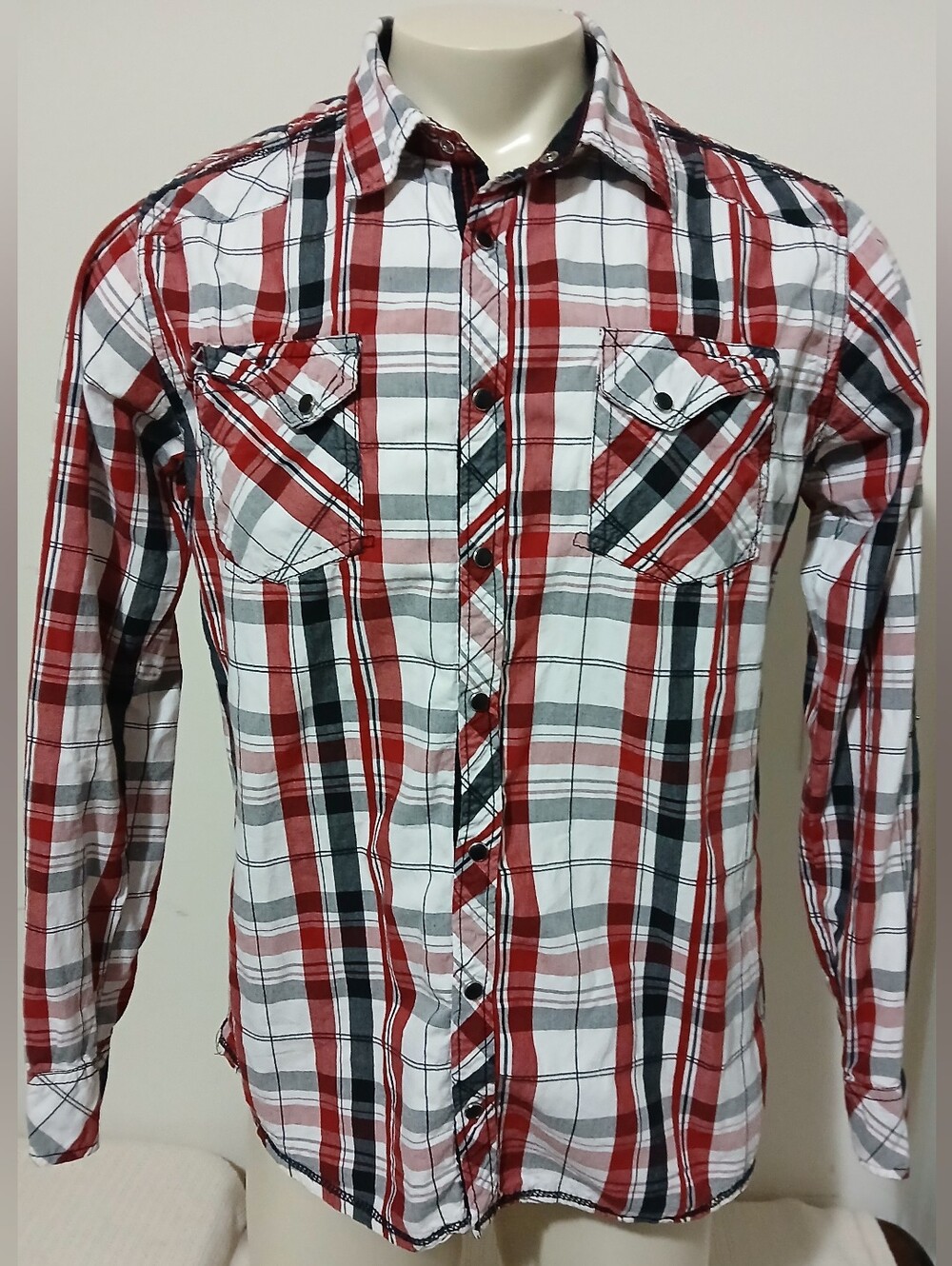 BKE Mens Western Classic Fit Pearl Snap Long Sleeve Plaid Shirt L